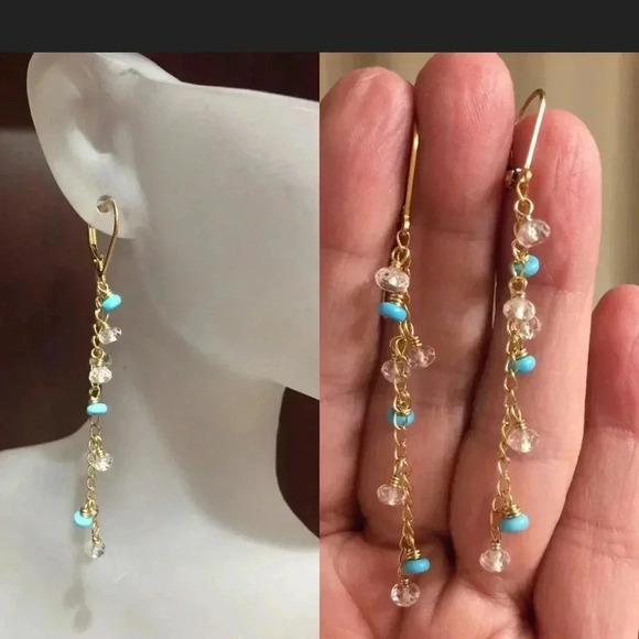 Turquoise Earring, Topaz Earring, Line Earrings, Gold Filled, Natural Turquoise - Picture 1 of 4